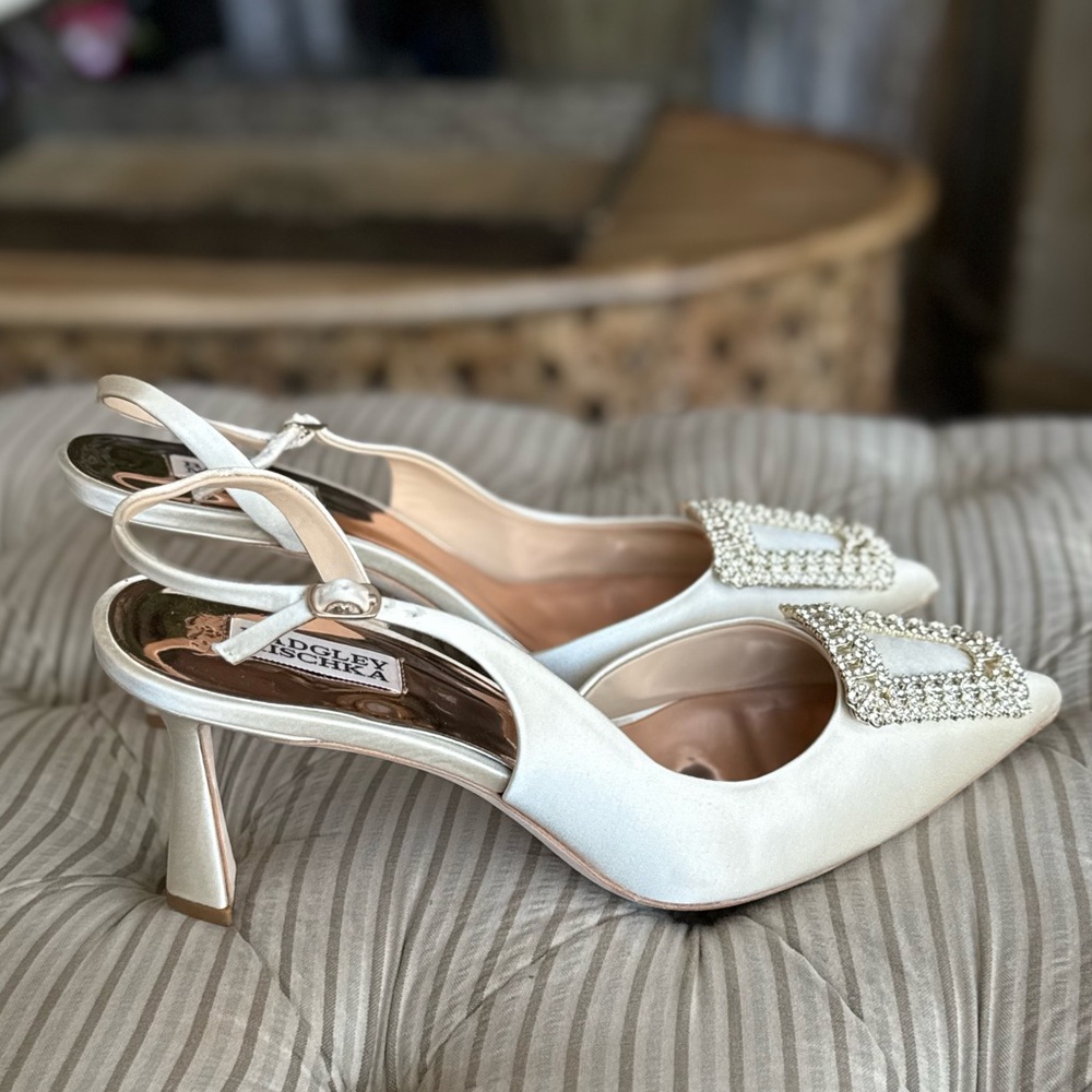 Badgley Mischka Ivory Satin Slingback Pumps with Crystal Buckle